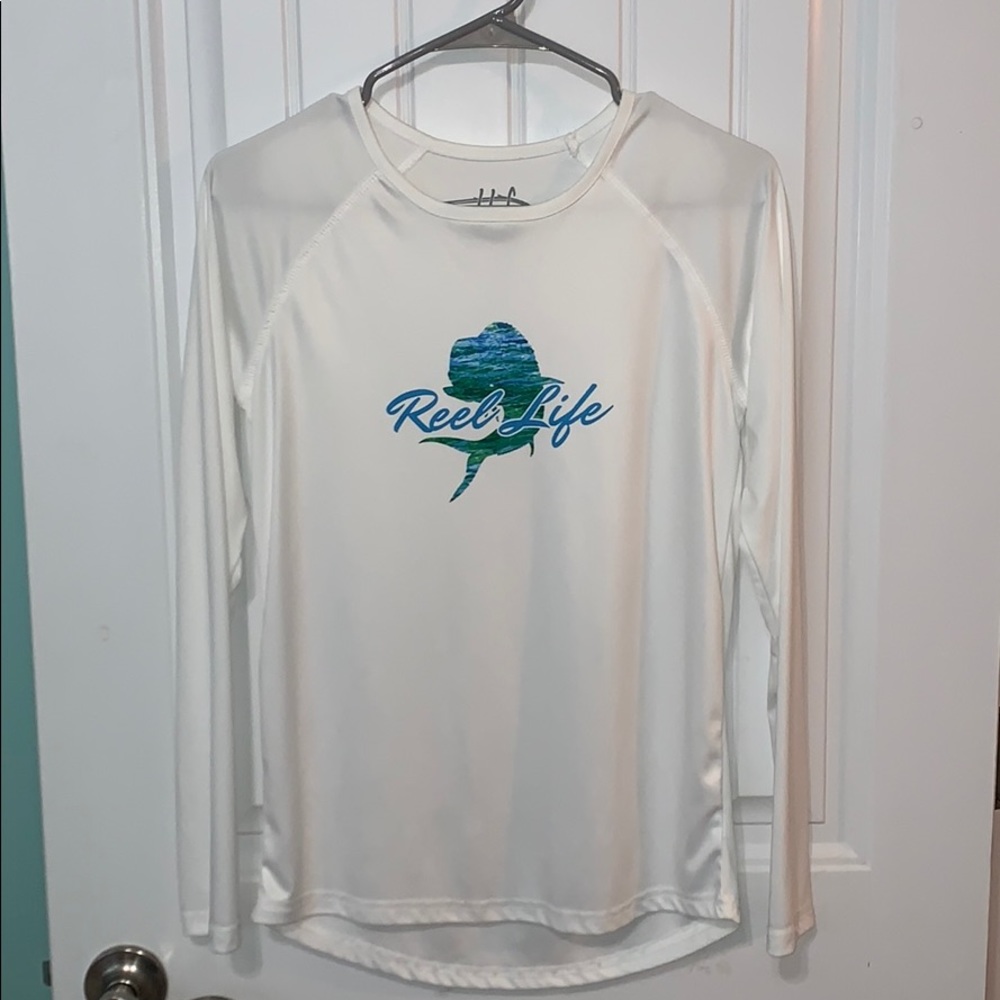 white long-sleeve ‘REEL LIFE’ shirt